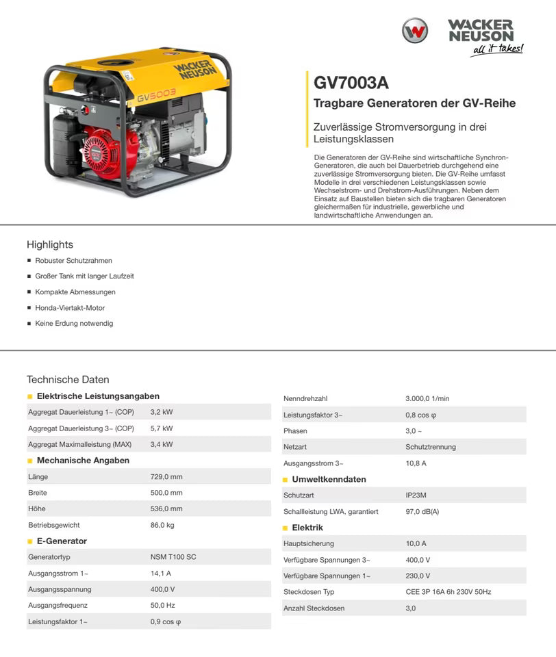 Wacker Neuson GV7003A Stromaggregat Notstromaggregat Stromerzeuger