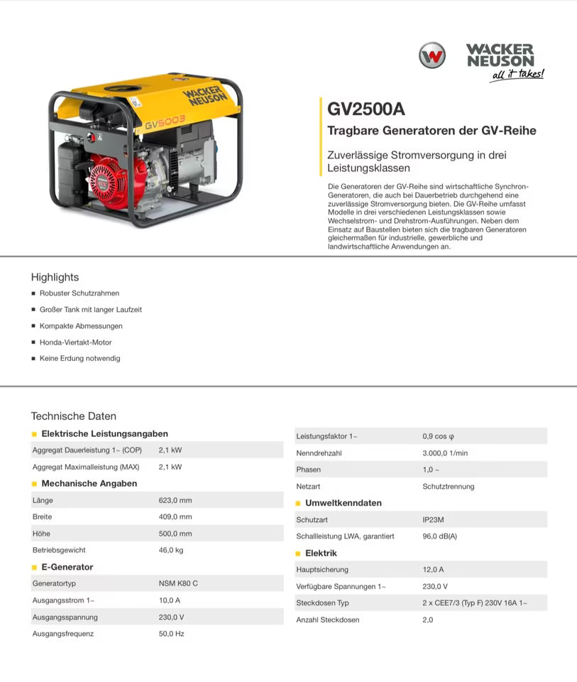 NEU Wacker Neuson GV2500A Stromaggregat Notstromaggregat Stromerzeuger