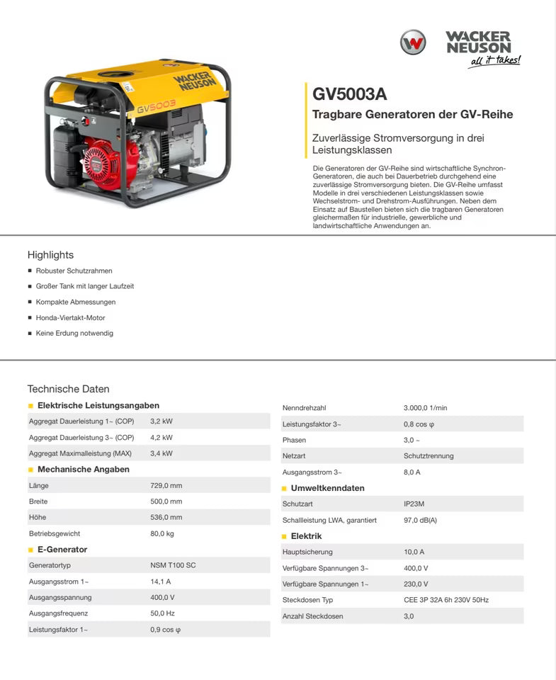 Wacker Neuson GV5003A Stromaggregat Notstromaggregat Stromerzeuger