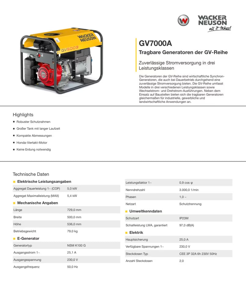Wacker Neuson GV7000A Stromaggregat Notstromaggregat Stromerzeuger