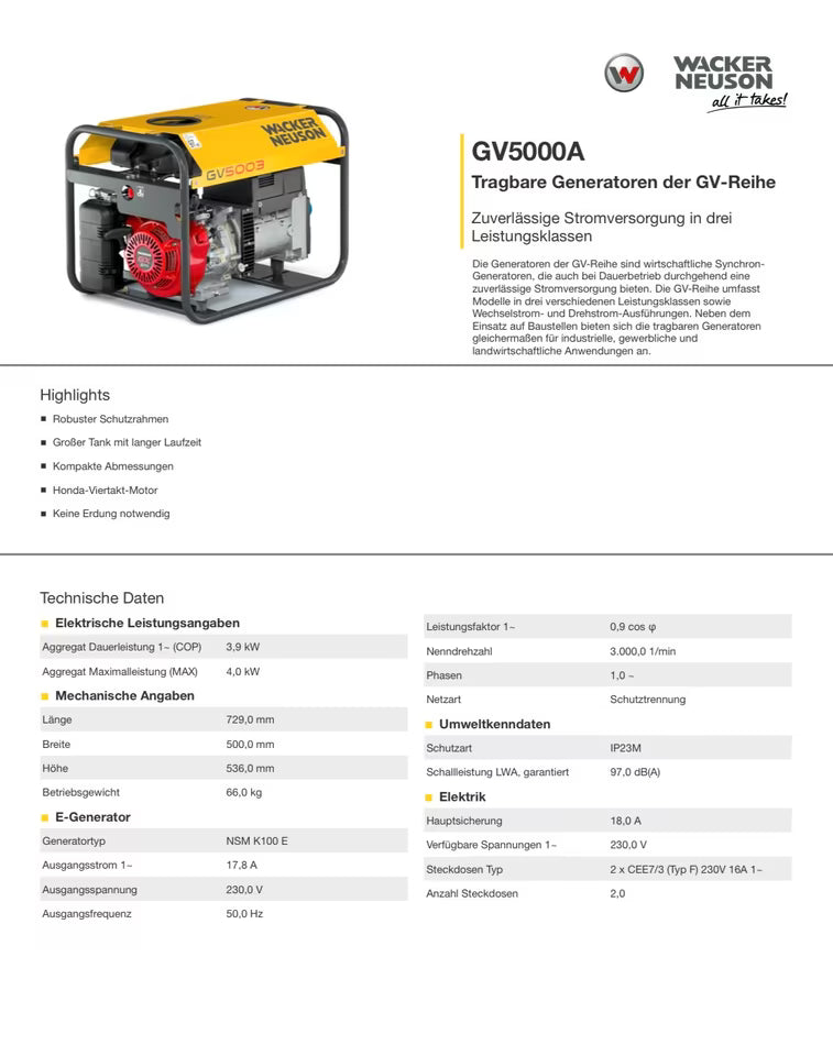 Wacker Neuson GV5000A Stromaggregat Notstromaggregat Stromerzeuger
